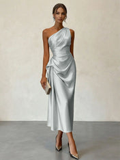 Champagne Ruched Satin One Shoulder Sleeveless Sheath Midi Dress