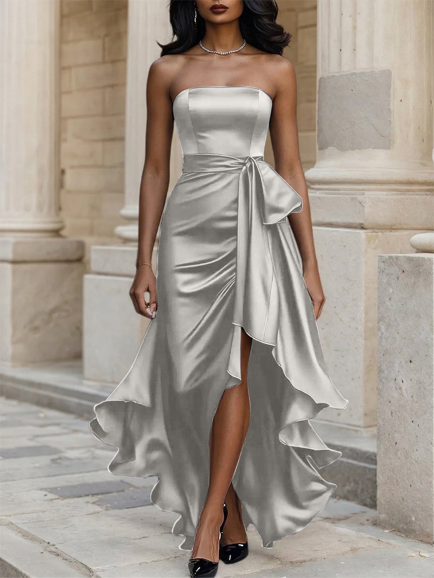 Glamorous Formal Dress Midnight Navy Strapless Satin Gown Midi Dress
