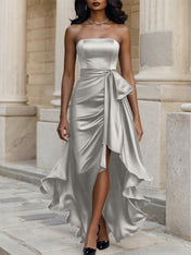 Glamorous Formal Dress Midnight Navy Strapless Satin Gown Midi Dress