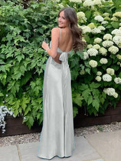 Blue A Line V-neck Beaded Back Tie Long Prom Dress