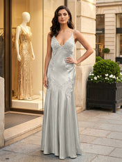 Green Appliques Soft Satin Long Prom Party Dress