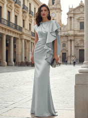 Elegant Formal Evening Dress Moonlight Silver Asymmetrical Ruffle Satin Gown