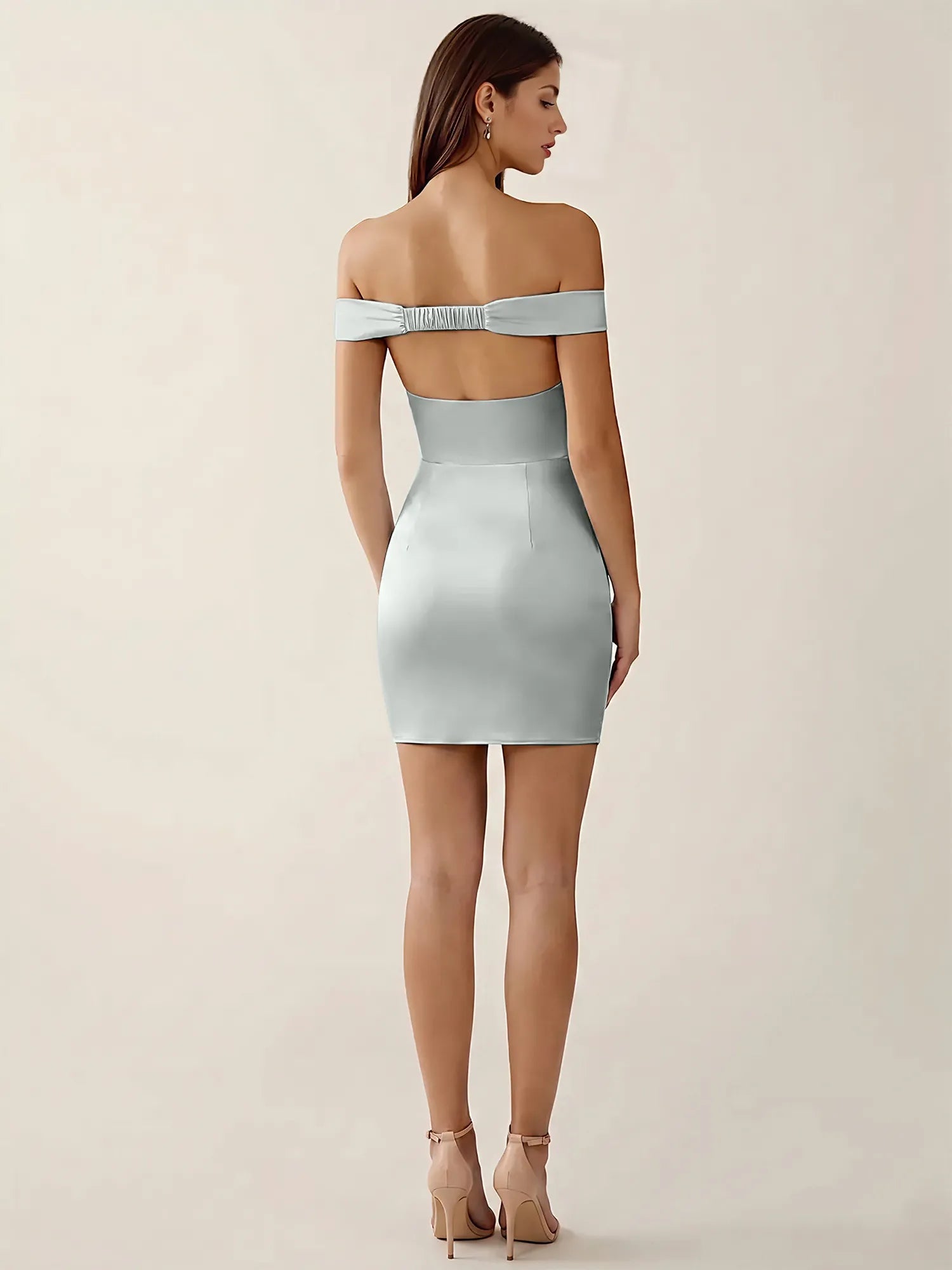 Off-The-Shoulder Ruched Satin Mini Homecoming Dress