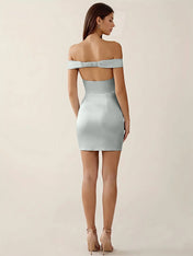 Off-The-Shoulder Ruched Satin Mini Homecoming Dress