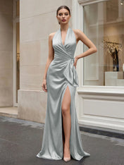 Navy Blue Halter V-Neck Satin Gown with Side Knot and High Slit Evening Dress