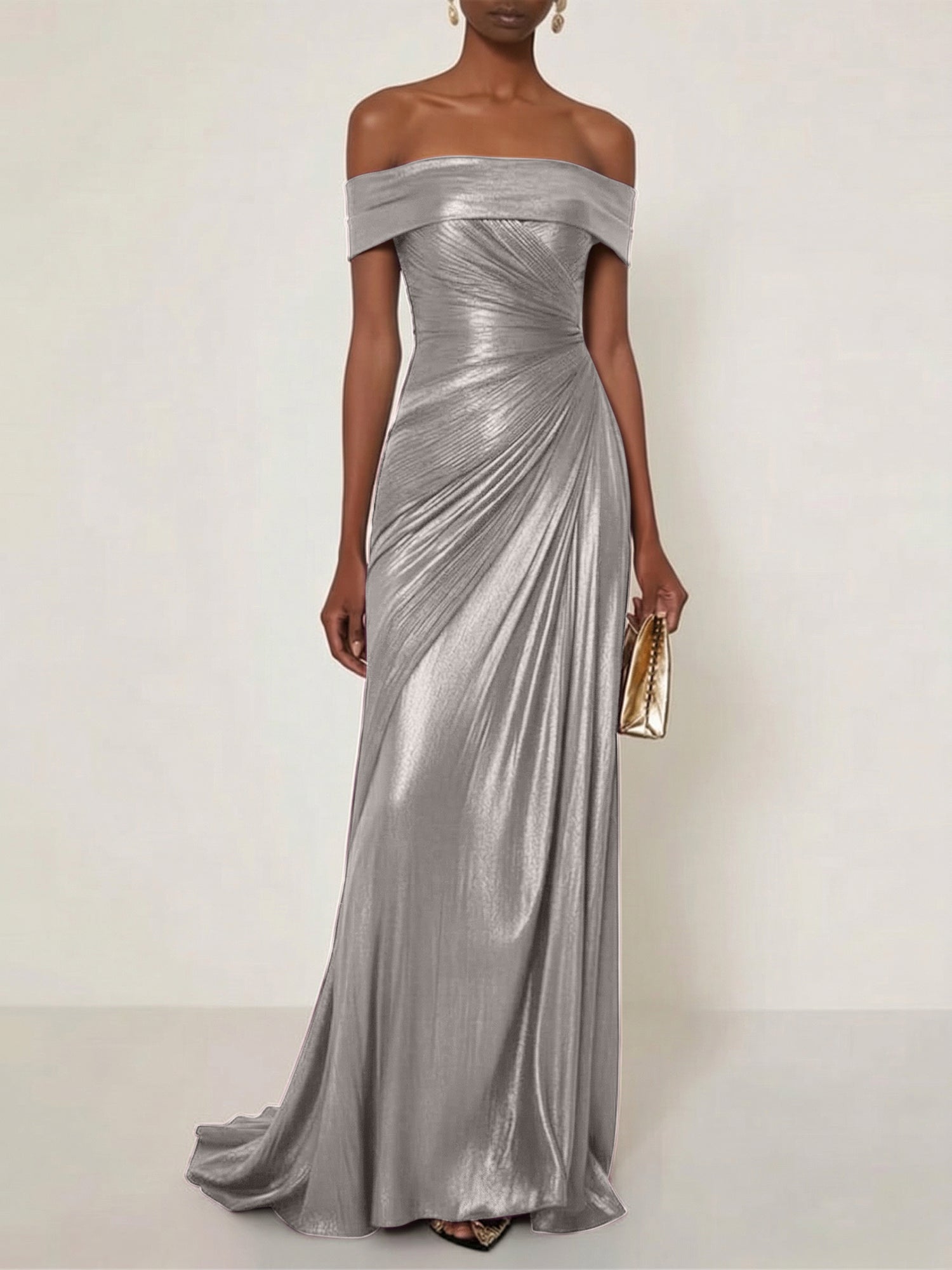 Evening Formal Dress Off the Shoulder Silver Silk Ruffles Strapless Maxi Dress