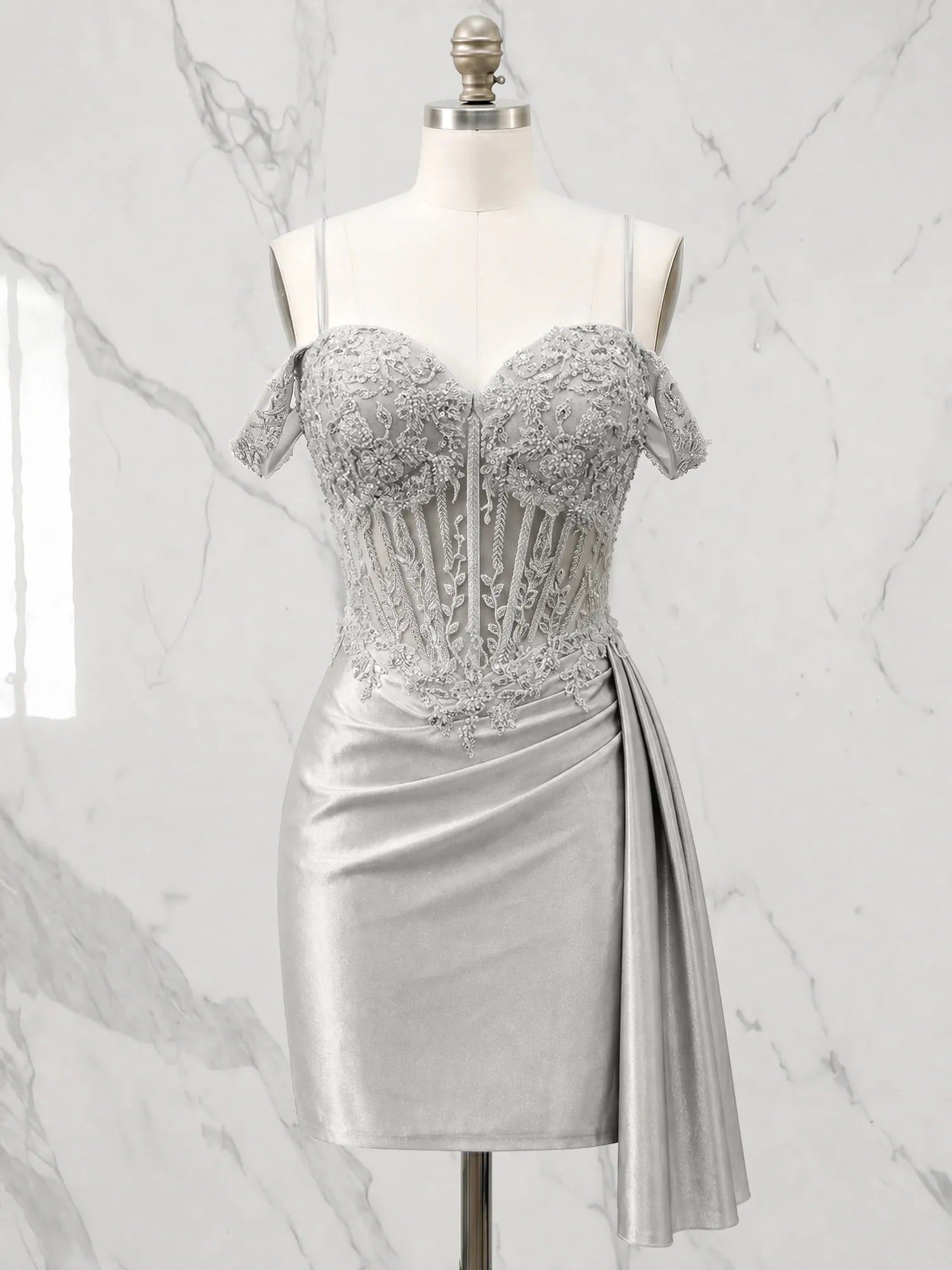 Sweetheart Sheer Corset Mini Dress with Cascading Side Drape Homecoming Dresses