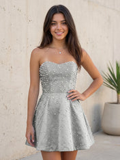 Baby Blue All Over Pearl Strapless Satin A-Line Mini Homecoming Dresses