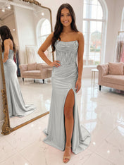 Romantic Pink Satin Corset Slit Prom Dress with Beaded Bodice
