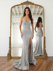 Navy Blue Strapless Sequin Prom Dress with Linear Beading