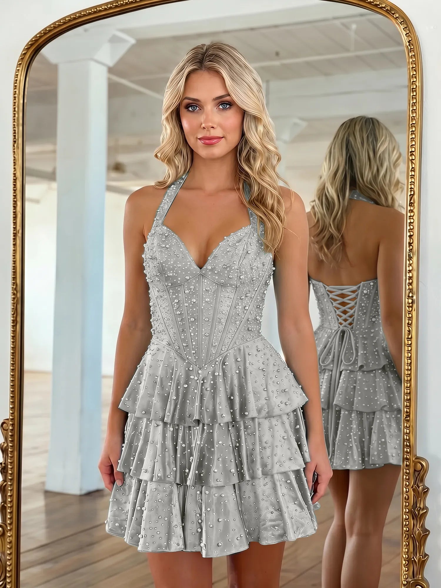 Halter Neck Pearl Beaded Tiered Short Homecoming Dresses