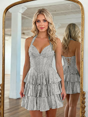 Halter Neck Pearl Beaded Tiered Short Homecoming Dresses
