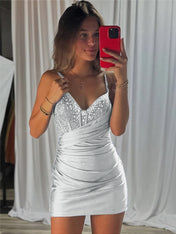 Beaded V Neck Corset Bodice Homecoming Dress