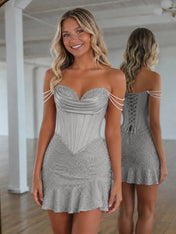 Sweetheart Neck Pearl Strap Beaded Mini Homecoming Dress