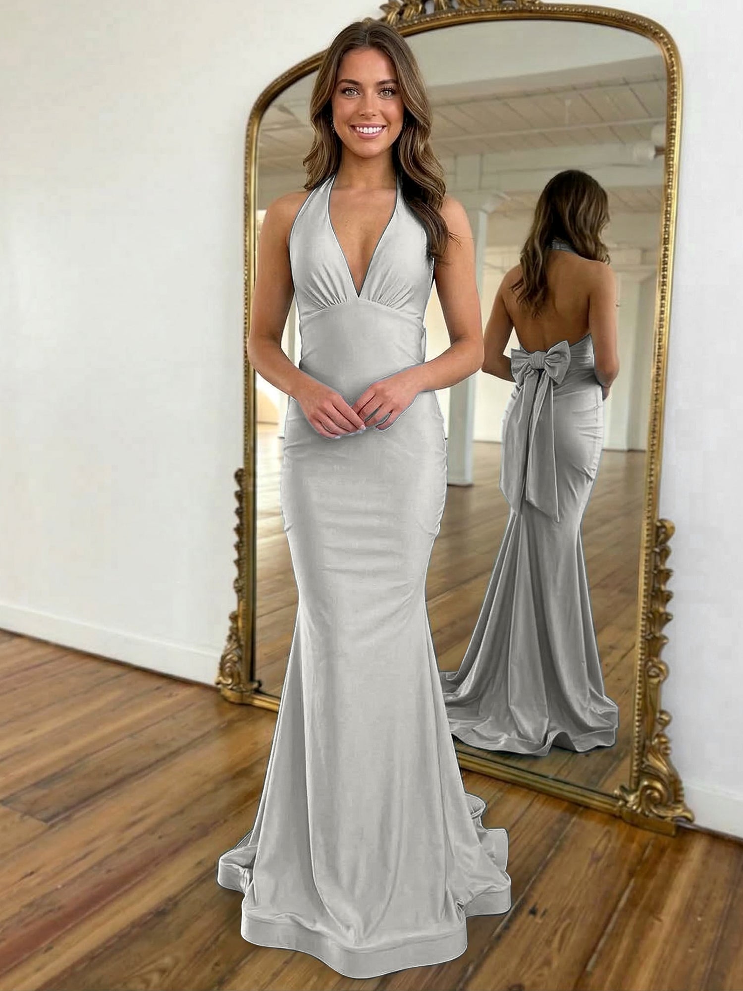 Light Blue Mermaid Halter Backless Long Prom Dress