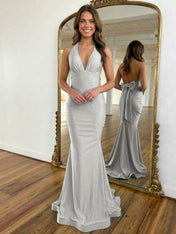 Light Blue Mermaid Halter Backless Long Prom Dress