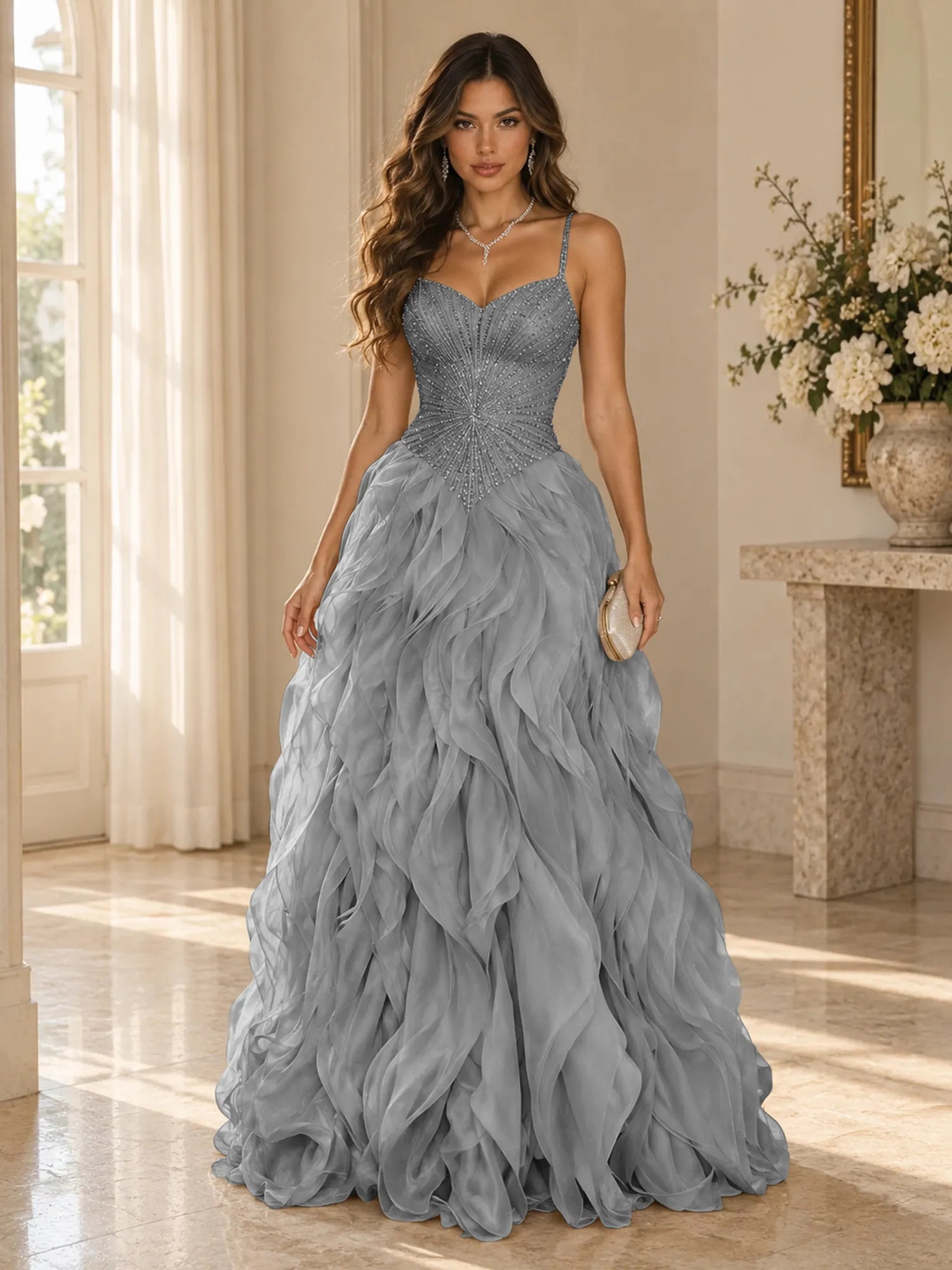 Elegant Beaded Spaghetti Strap Tiered Ruffle Ball Gown Evening Dress