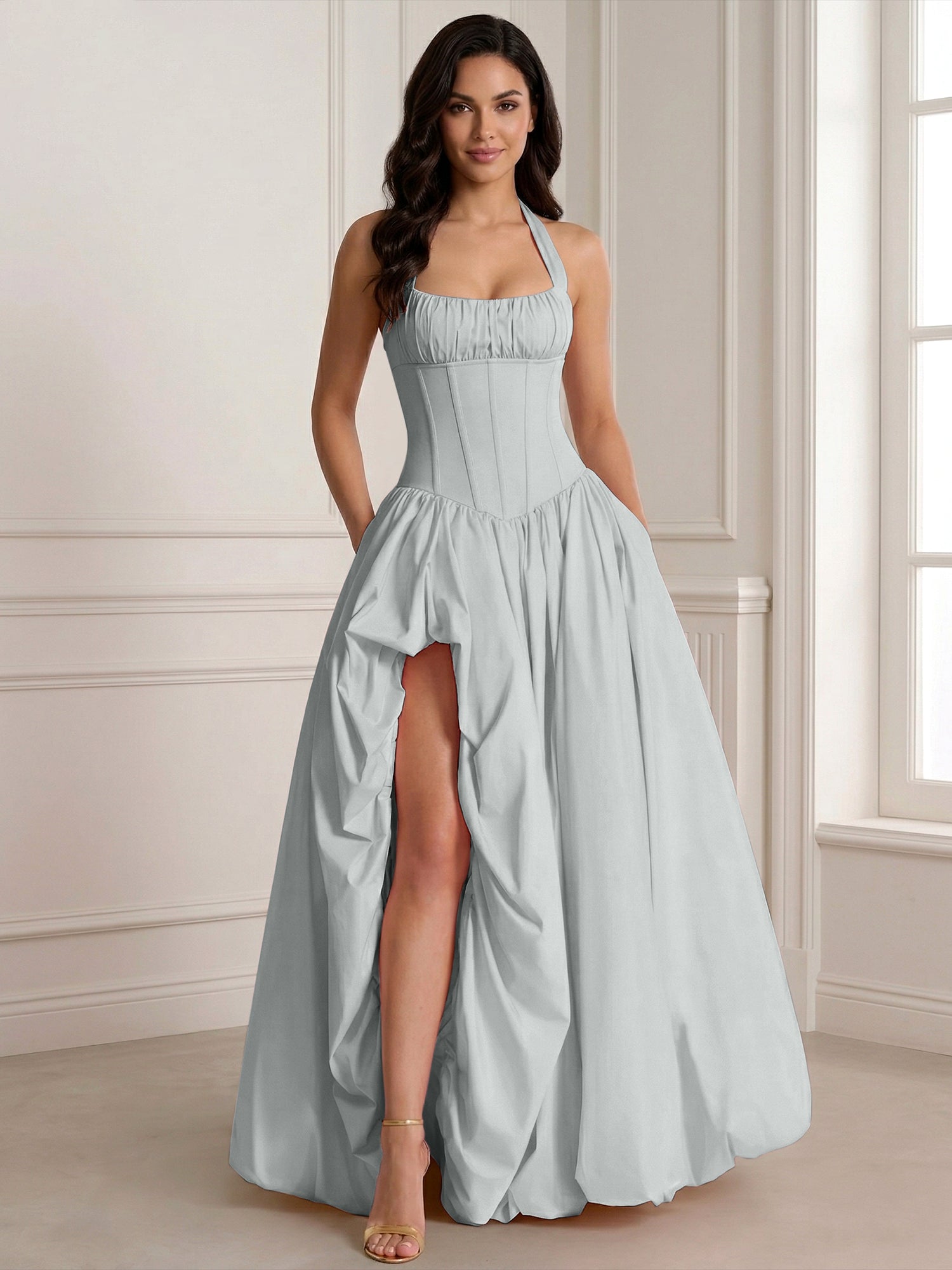 Glamorous Blush Pink Halter Corset Evening Paty Dress Gown