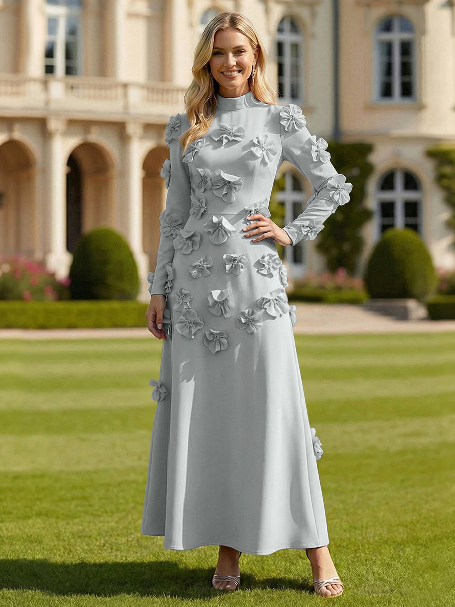 A Line High Neck Long Sleeves Stretch Crepe Dress With 3D Flowers