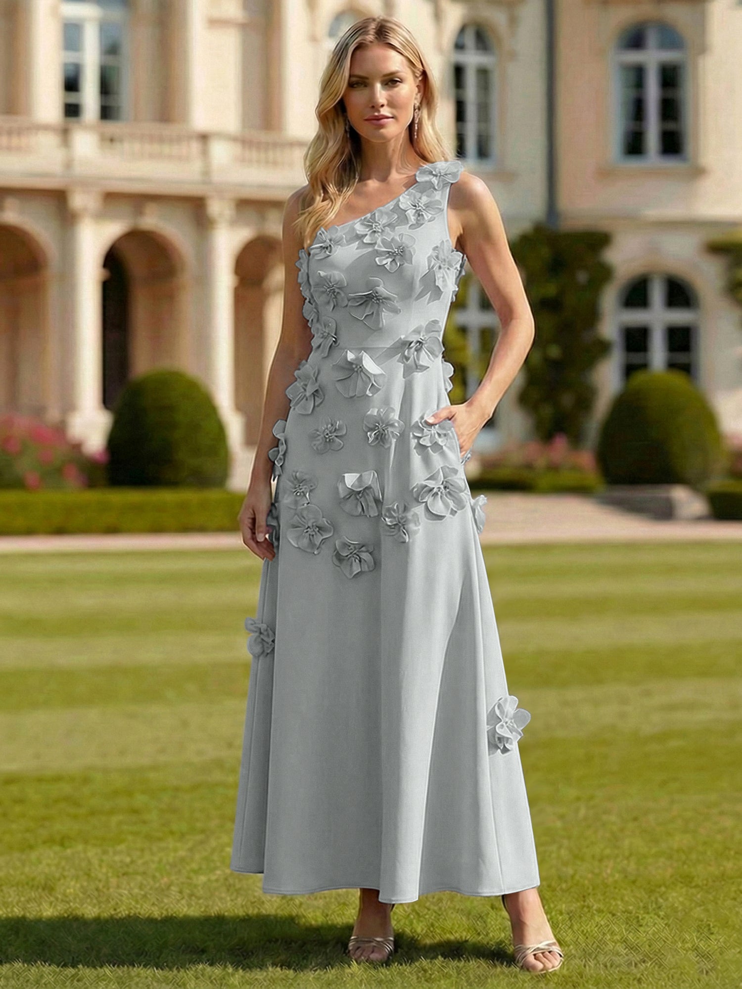 A Line One Shoulder Sleeveless Floor Length Stretch Crepe Dress With 3D Flowers