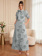 Pink Short Sleeve 3D Floral Maxi Dress Gown