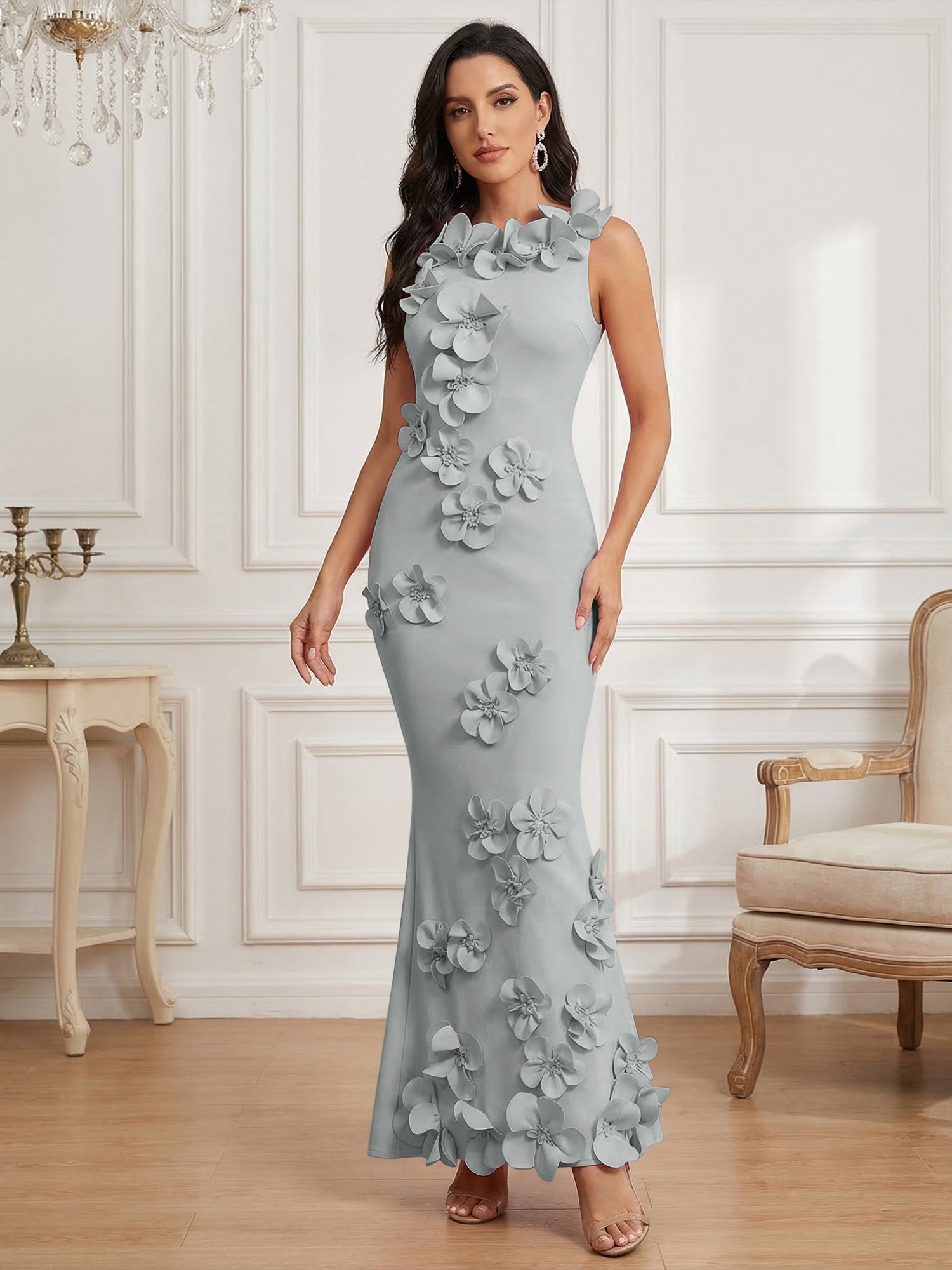 Romantic Pink Sleeveless 3D Floral Mermaid Gown