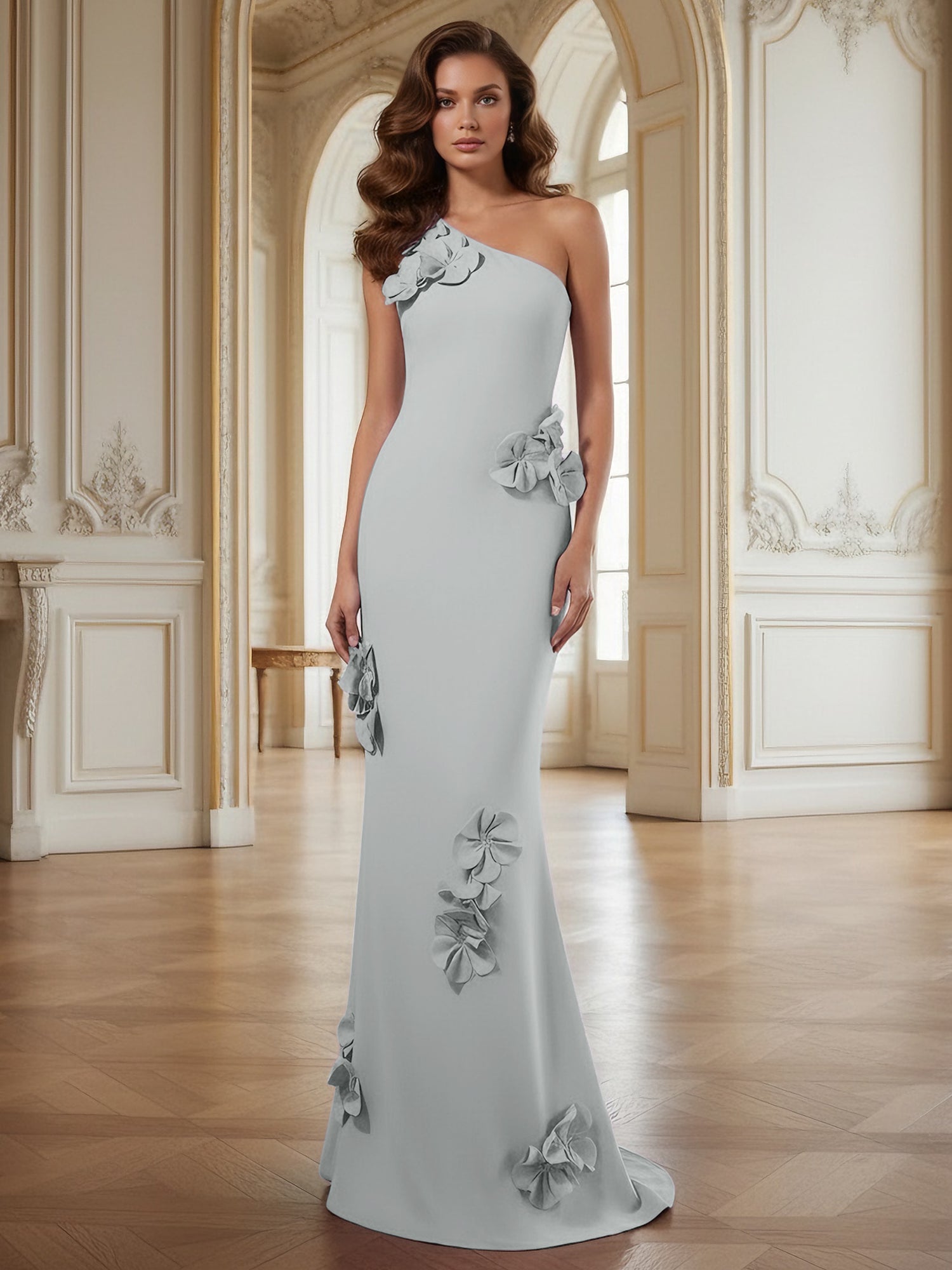 Cream One-Shoulder Prom Dress with Sculptural 3D Floral Appliqués