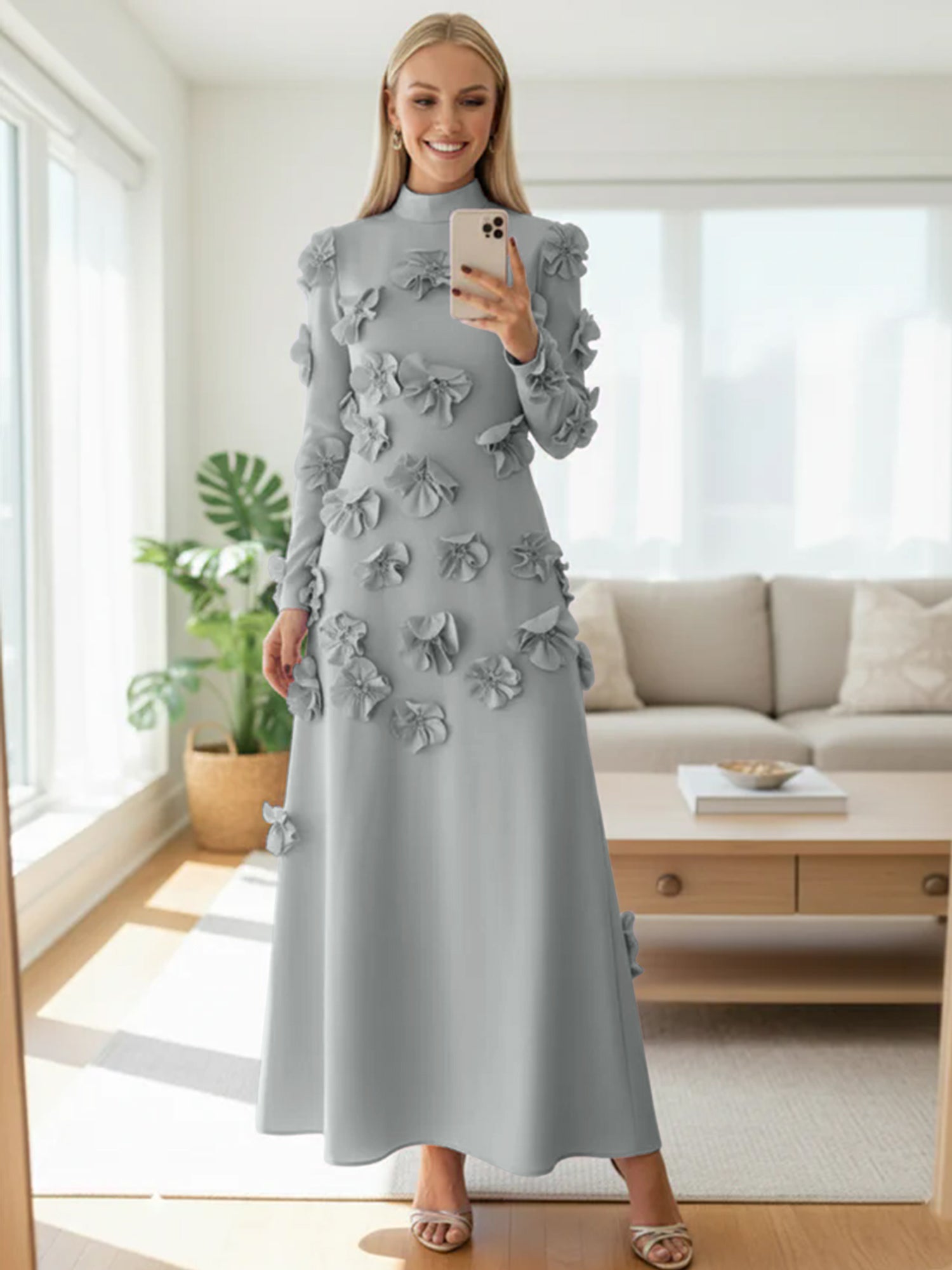 A Line High Neck Long Sleeves Floor Length Stretch Crepe Dress With 3D Flowers