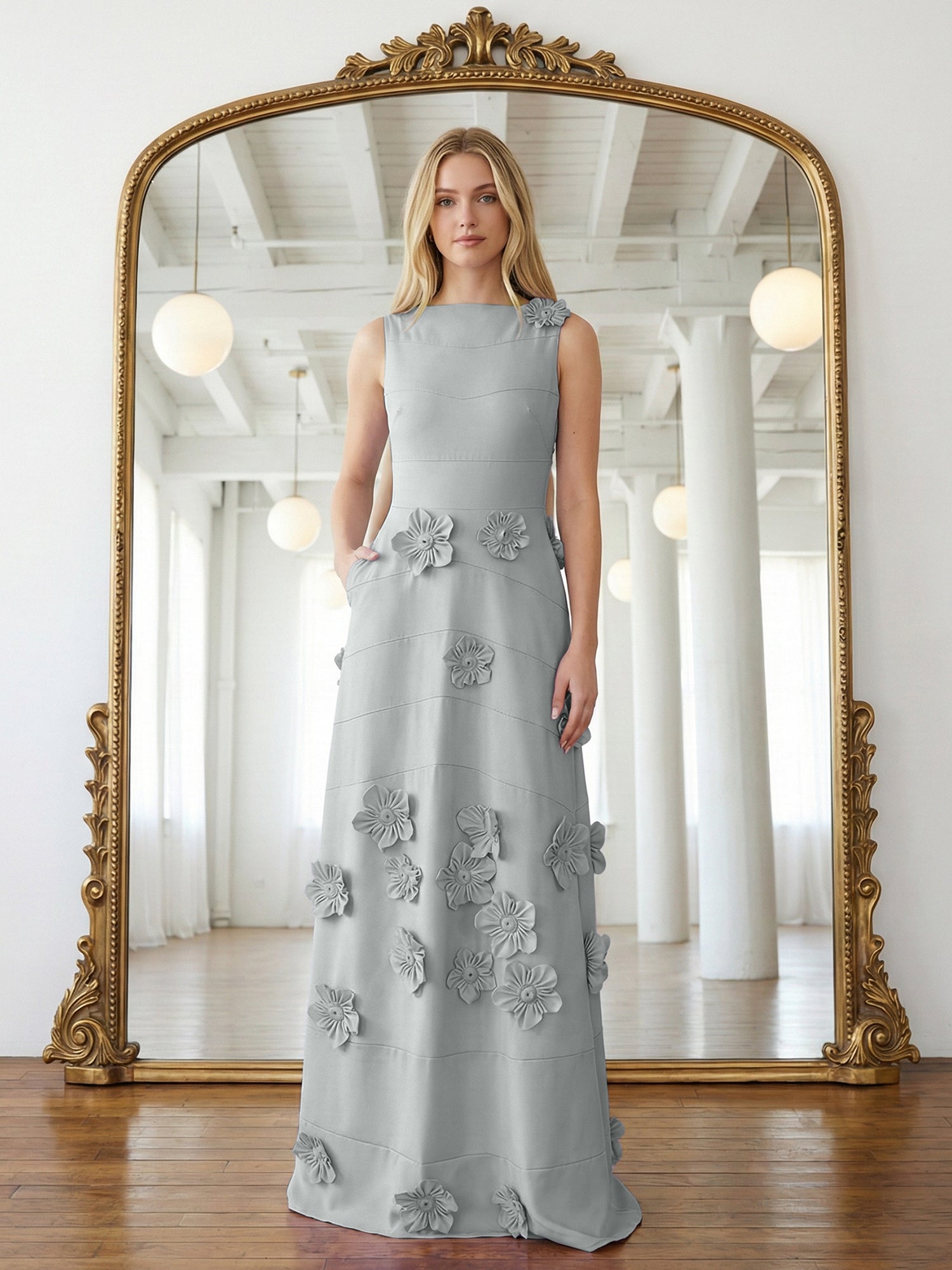 Lavender Boat Neck Formal Gown with Cascading 3D Flowers