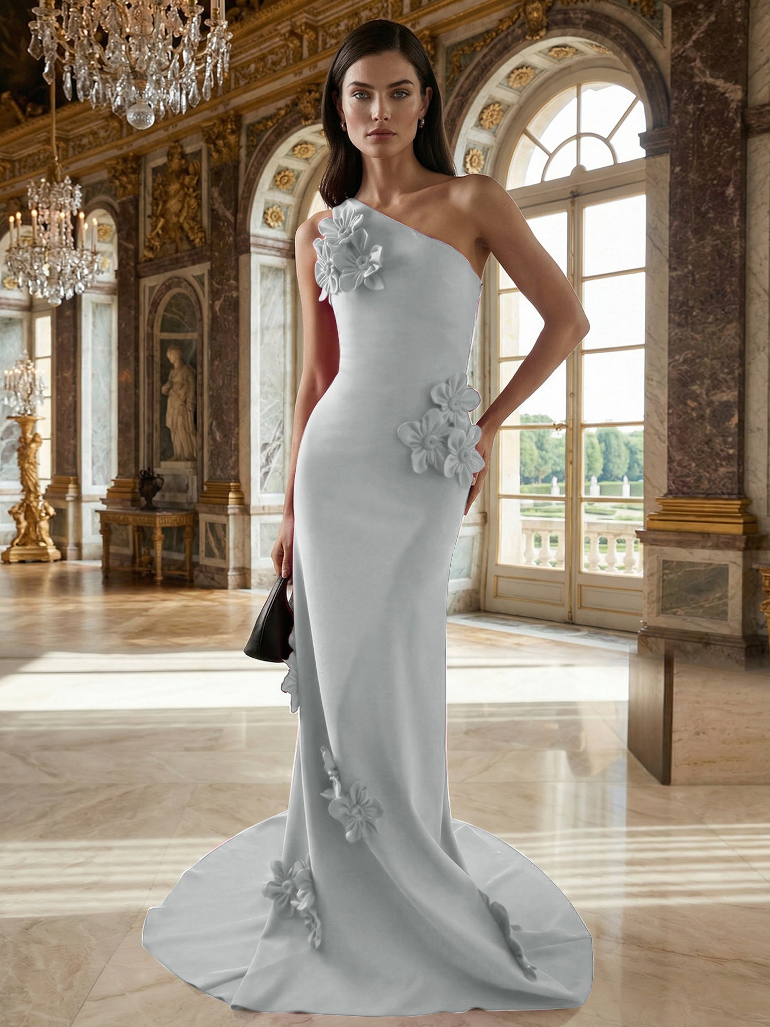 A Line One Shoulder Sleeveless Floor Length Stretch Crepe Dress With 3D Flowers