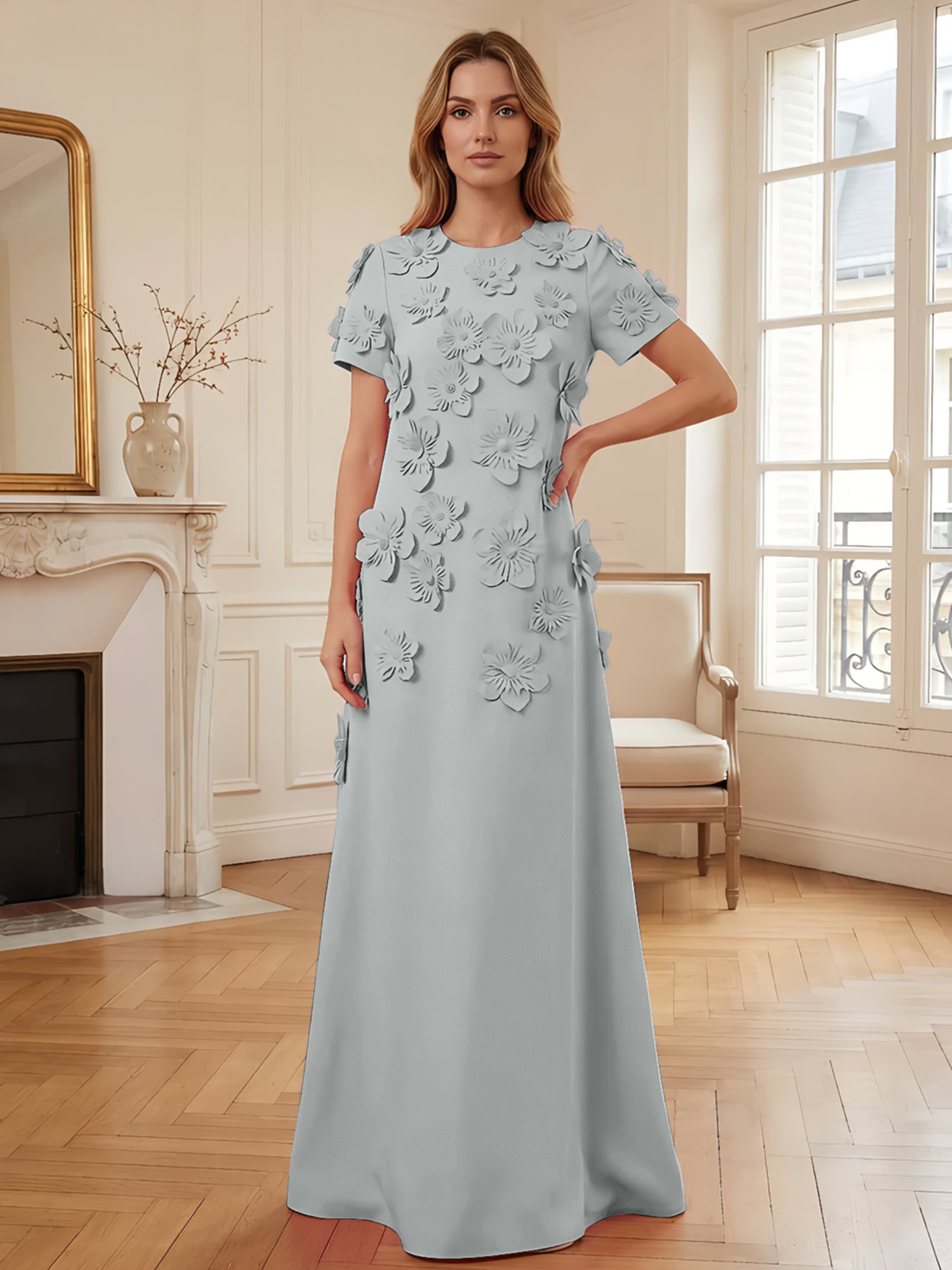 Short Sleeve Crew Neck A-Line Gown with 3D Floral Appliques Evening Dresses