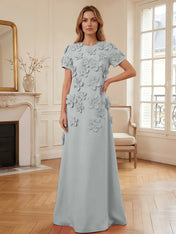 Short Sleeve Crew Neck A-Line Gown with 3D Floral Appliques Evening Dresses