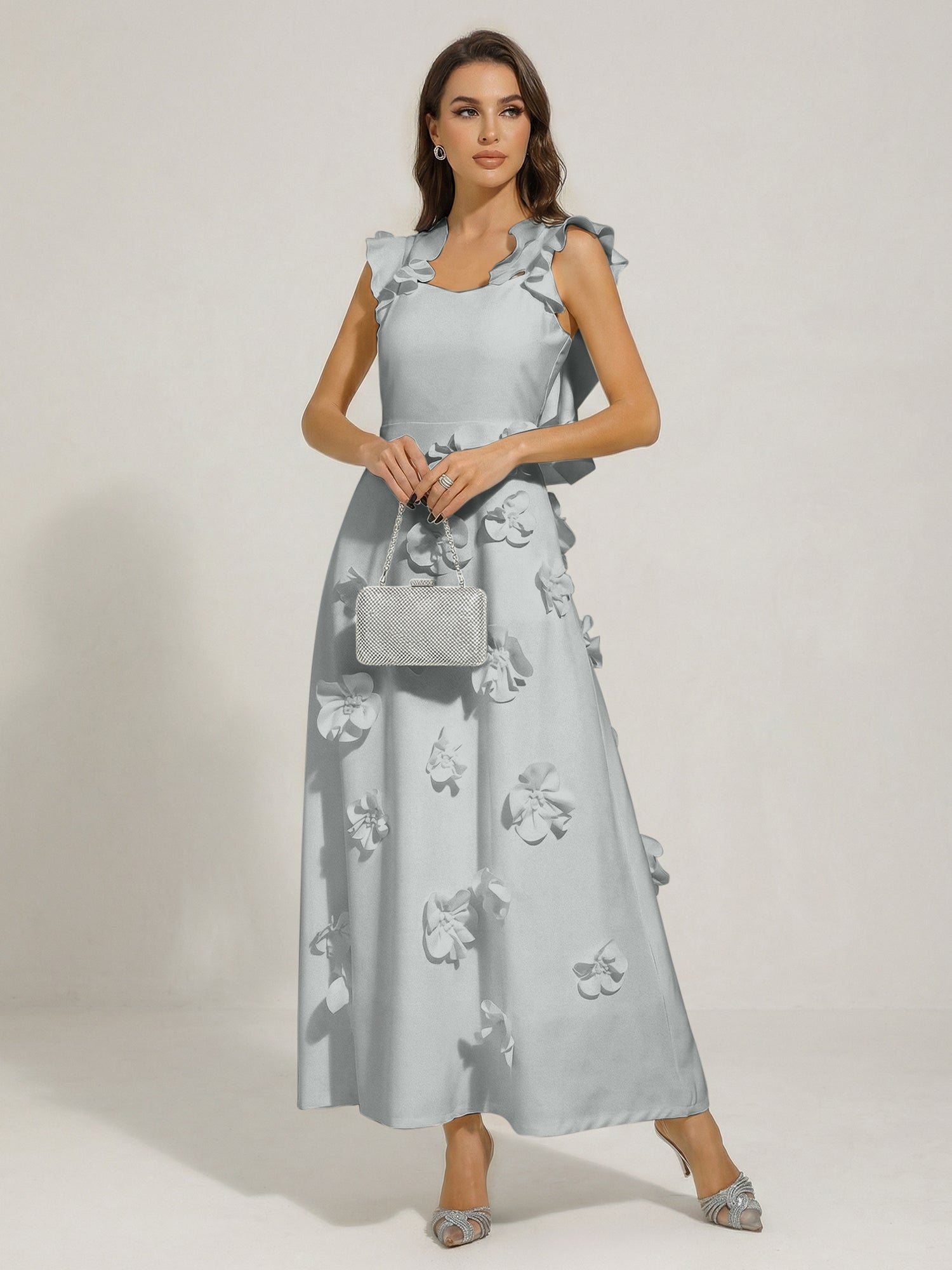 Chic White 3D Flowers A-Line Floor Length Stretch Crepe Dress with Pockets Maxi Dress