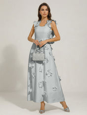 Chic White 3D Flowers A-Line Floor Length Stretch Crepe Dress with Pockets Maxi Dress