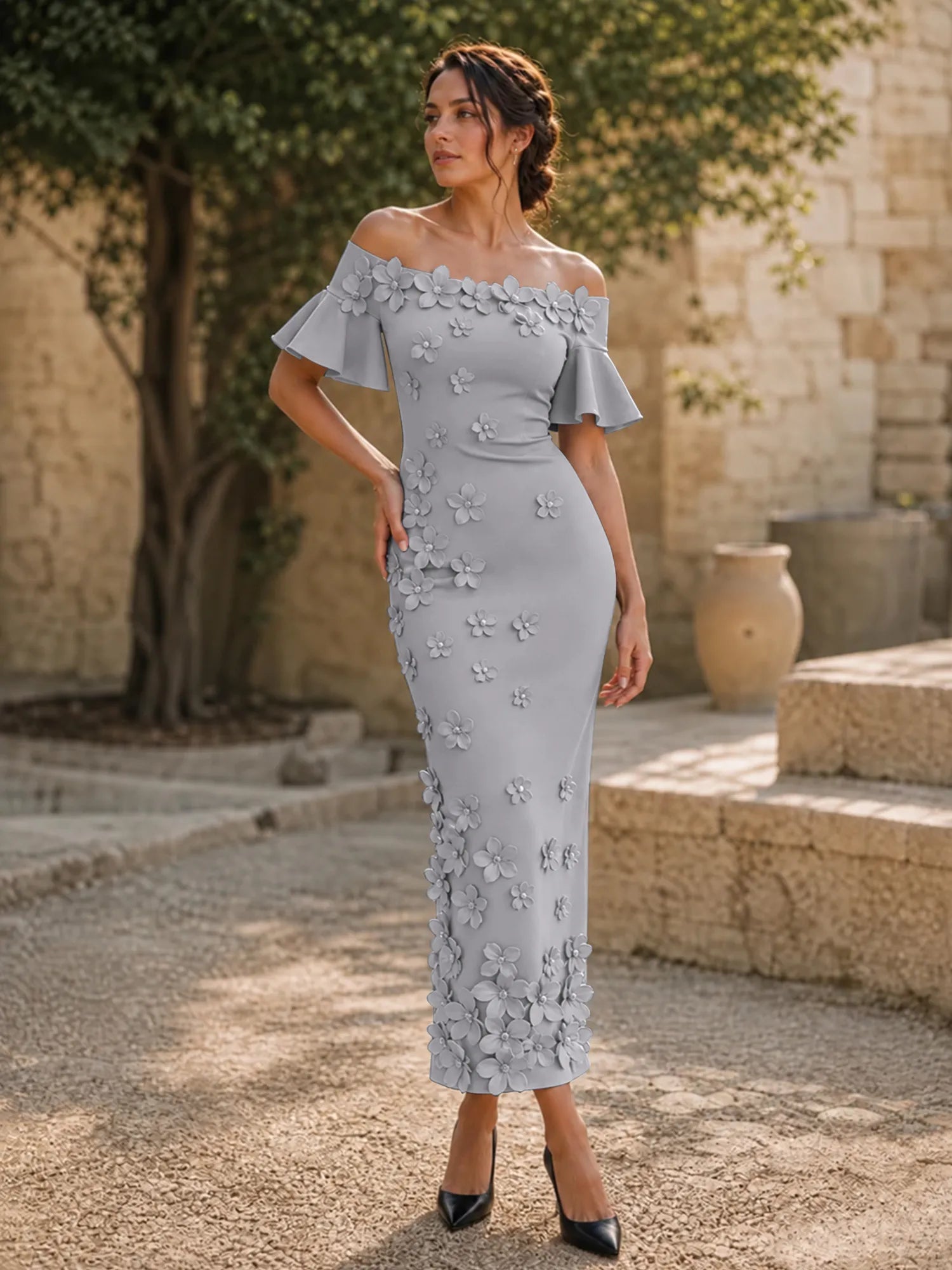 Black 3D Floral Off-The-Shoulder Ankle-Length Gown Dress