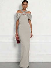 Regal Plum Crepe Column Gown with Satin Criss-Cross Halter Maxi Dress