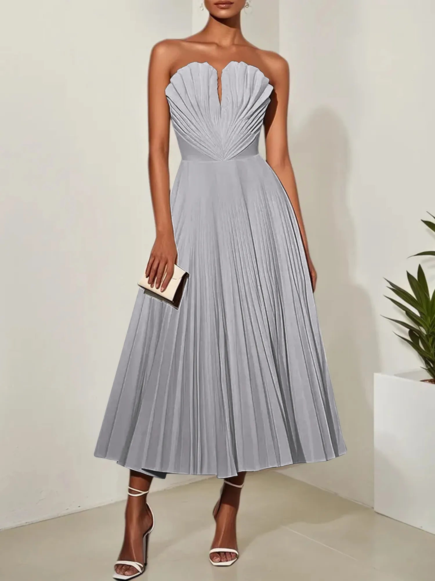 White Pleated Classic Strapless Sleeveless A-Line Midi Dress