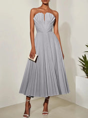 White Pleated Classic Strapless Sleeveless A-Line Midi Dress