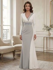 Elegant Navy & White Color-Block Long Sleeve Floor-Length Evening Gown Formal Dresses