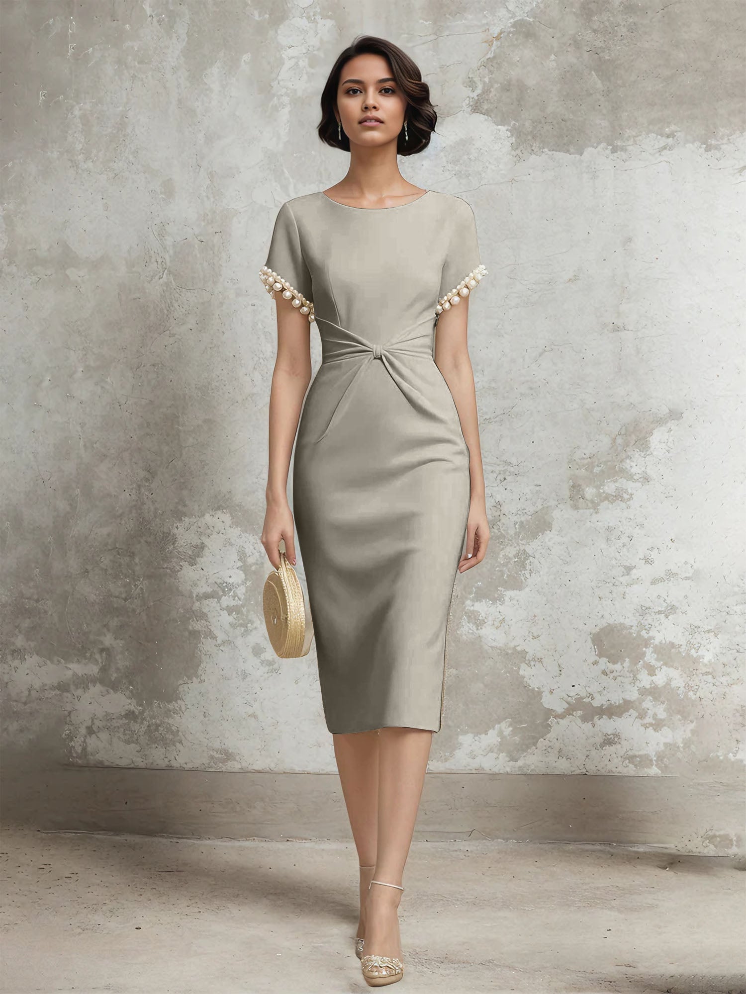 Column Short Sleeve Tea Length Dress With Pearls