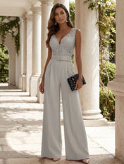Women Pink Lace Deep V Neck Sleeveless Dressy Jumpsuit