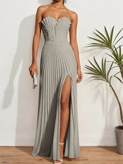 Pleated Classic Strapless Sleeveless A-Line Maxi Dress