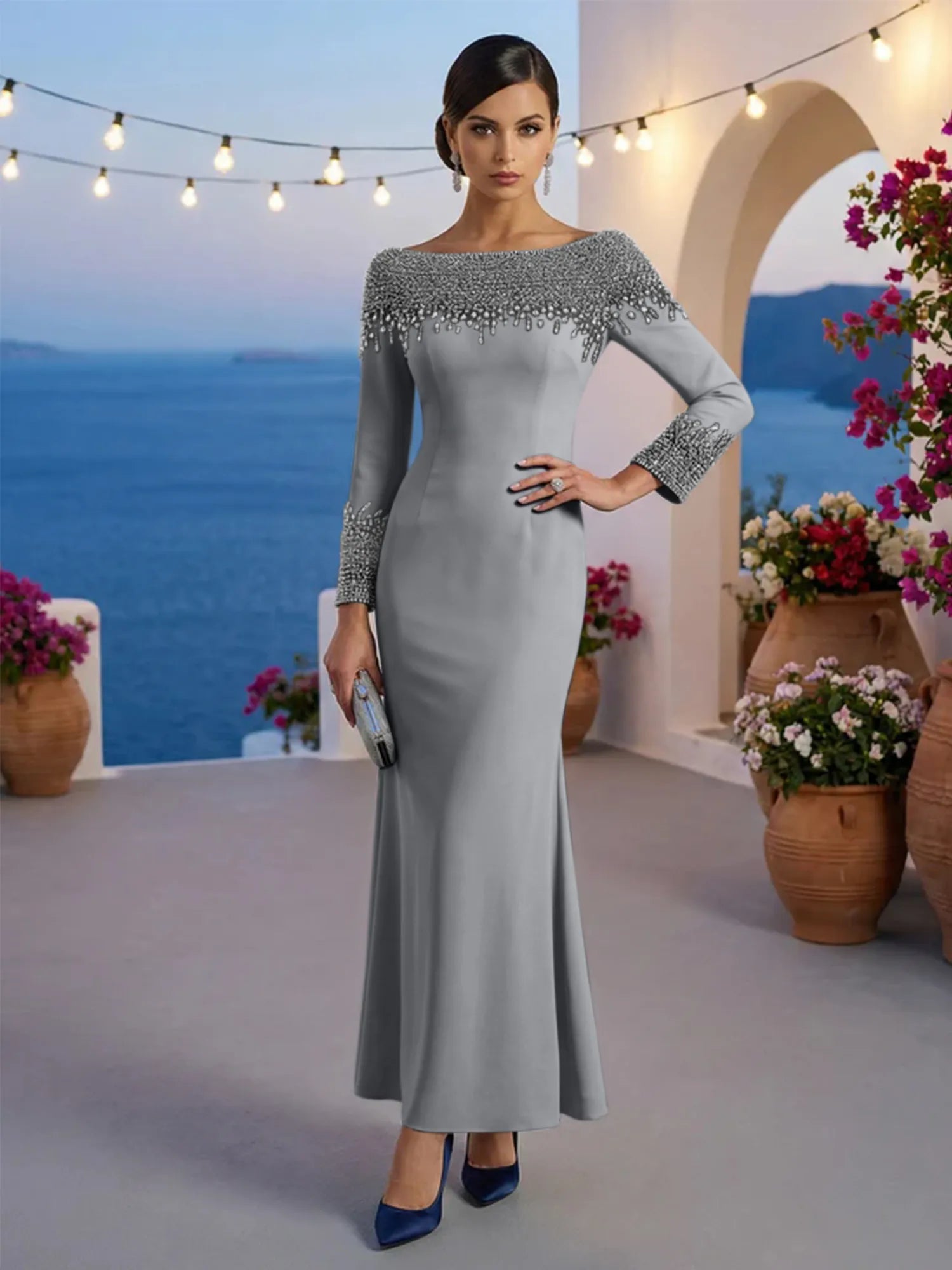 Formal Evening Dress Blue Velvet Long Sleeves Maxi Dress with Crystal