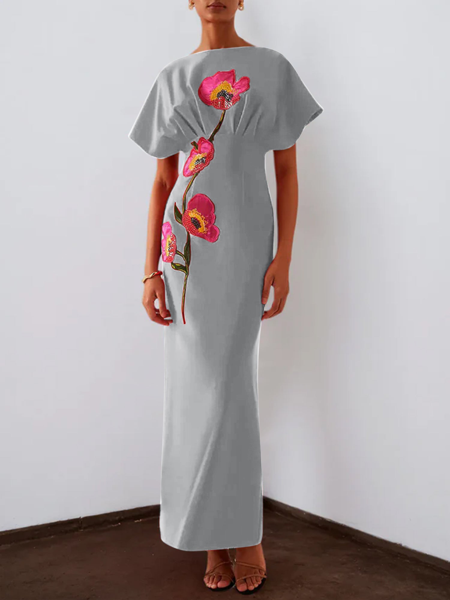 Red 3D Floral Appliqué Boat Neck Short Sleeve Backless Sheath Maxi Dress
