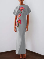 Red 3D Floral Appliqué Boat Neck Short Sleeve Backless Sheath Maxi Dress