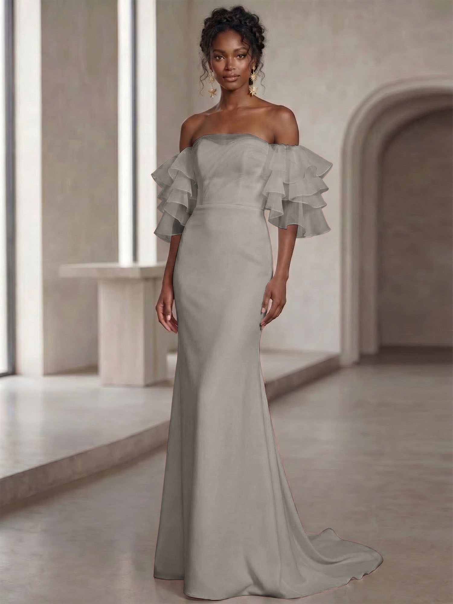 White Mermaid Off the Shoulder Ruffled Long Wedding Reception Dress