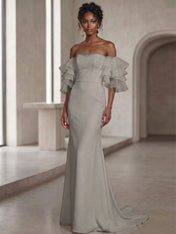 White Mermaid Off the Shoulder Ruffled Long Wedding Reception Dress