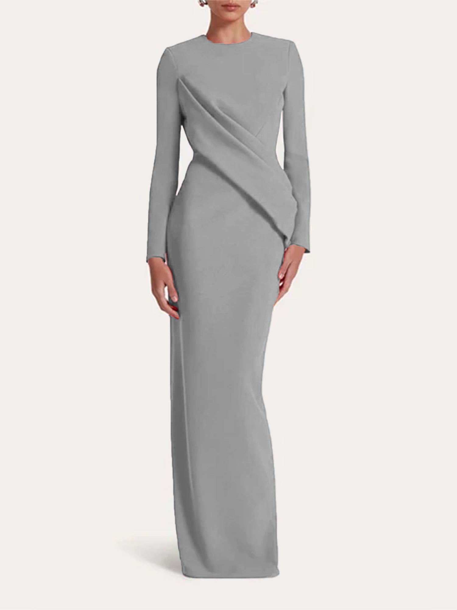 Red Sheath/Column Scoop Long Sleeves Chiffon Floor-Length Ruffles Formal Dress