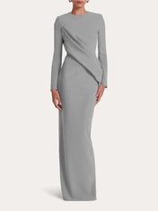 Red Sheath/Column Scoop Long Sleeves Chiffon Floor-Length Ruffles Formal Dress