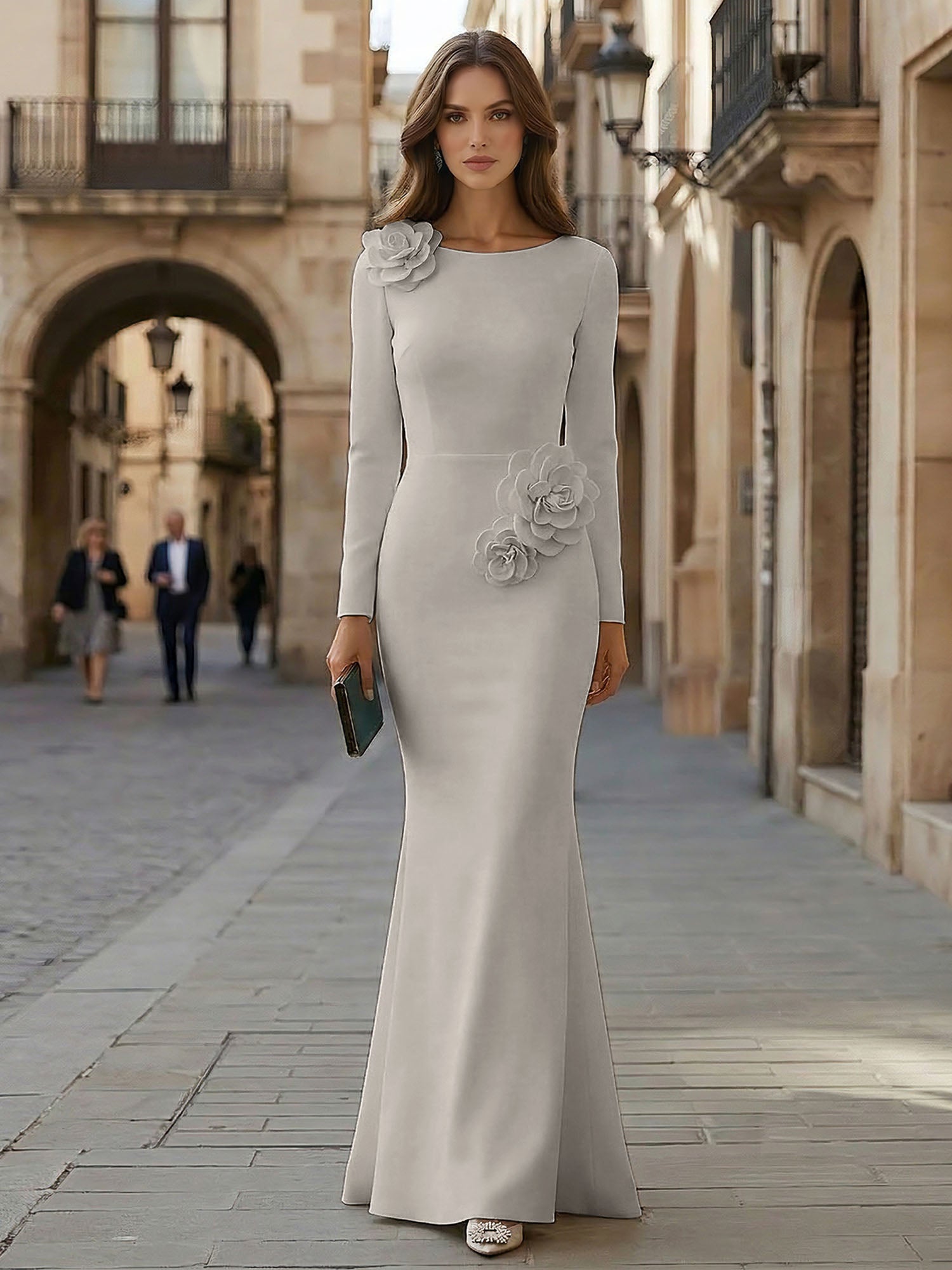 Elegant Pure White Formal Evening Dress Long-Sleeve 3D Floral Crepe Maxi Dress Gown
